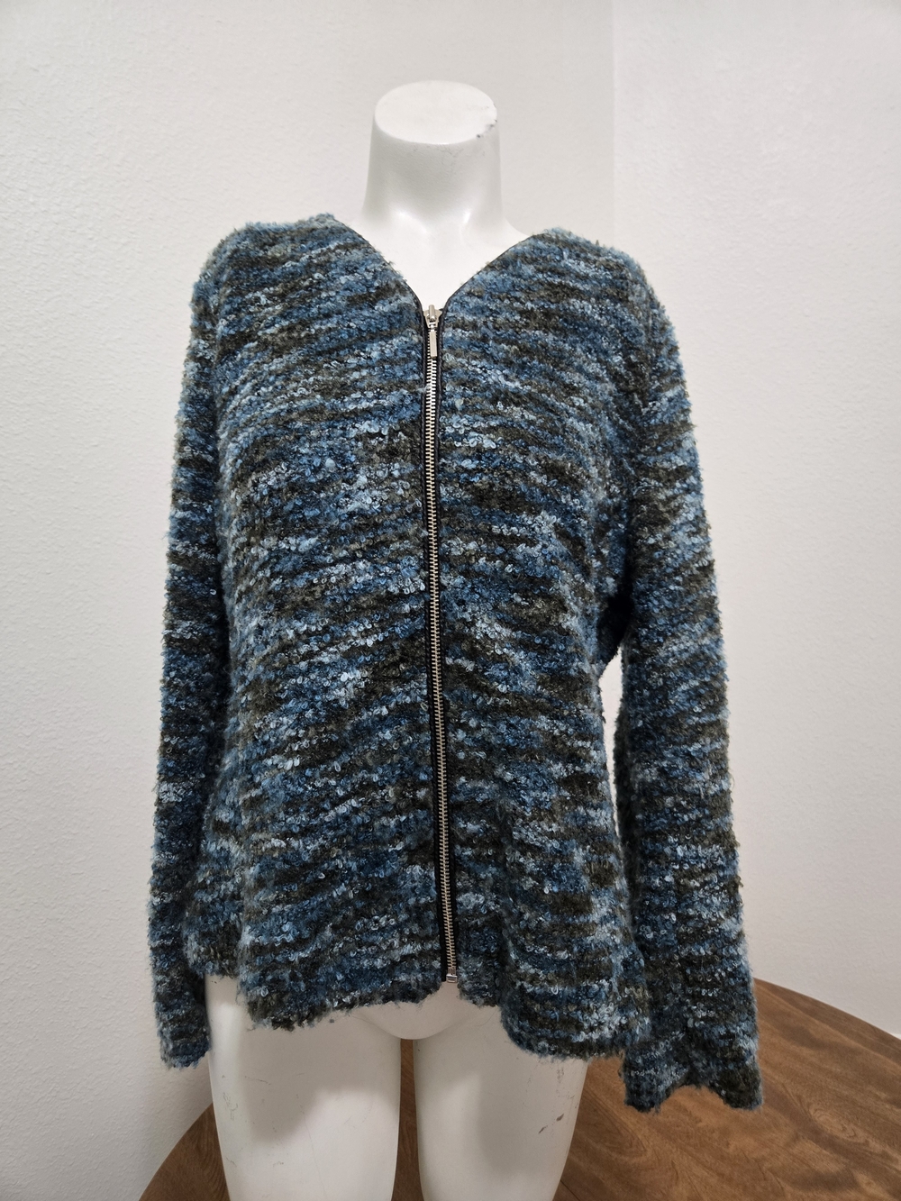 Notations Blue & Gray Bouclé Zip Cardigan
